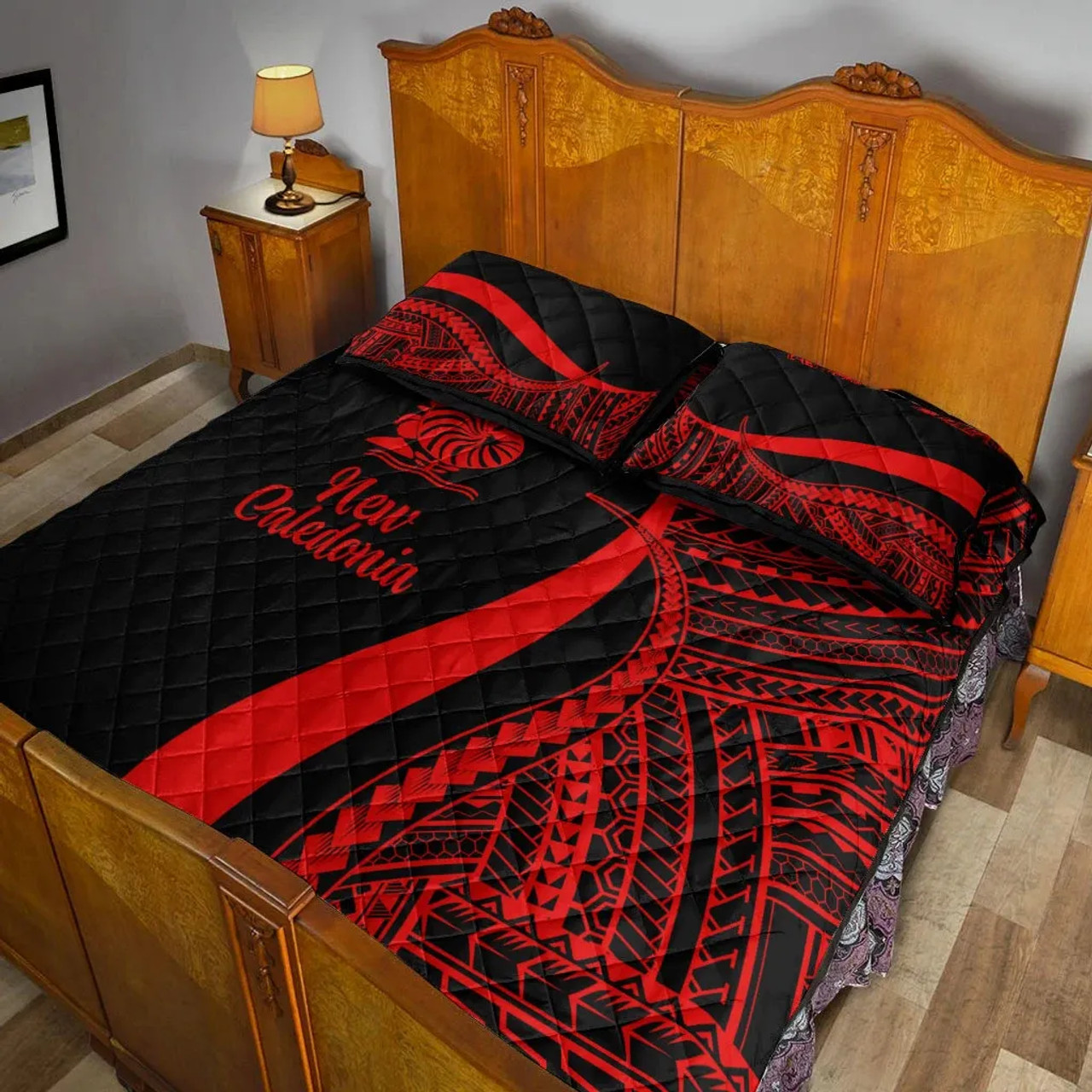 New Caledonia Quilt Bet Set - Red Polynesian Tentacle Tribal Pattern 4