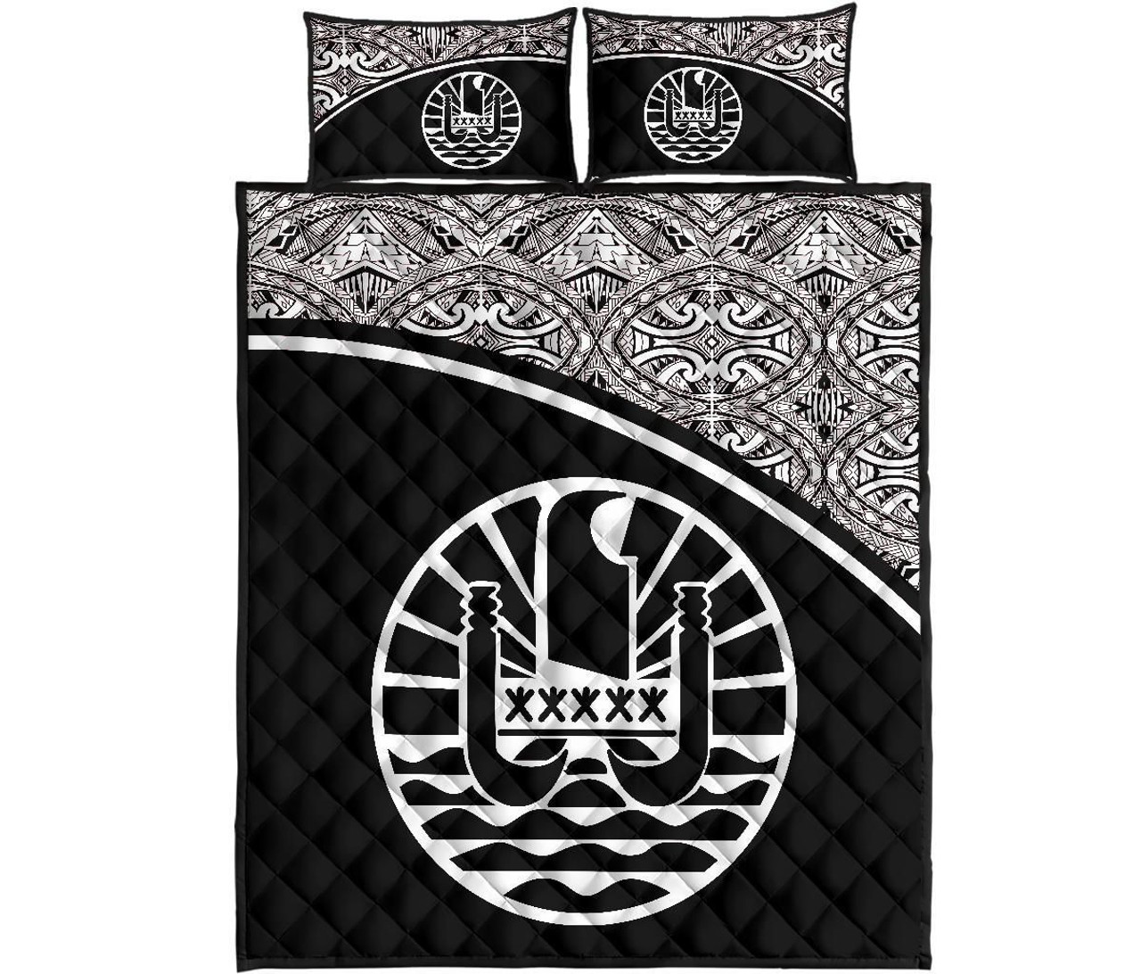 Tahiti Polynesian Quilt Bed Set - Tahiti Flag Black Curve Style 1