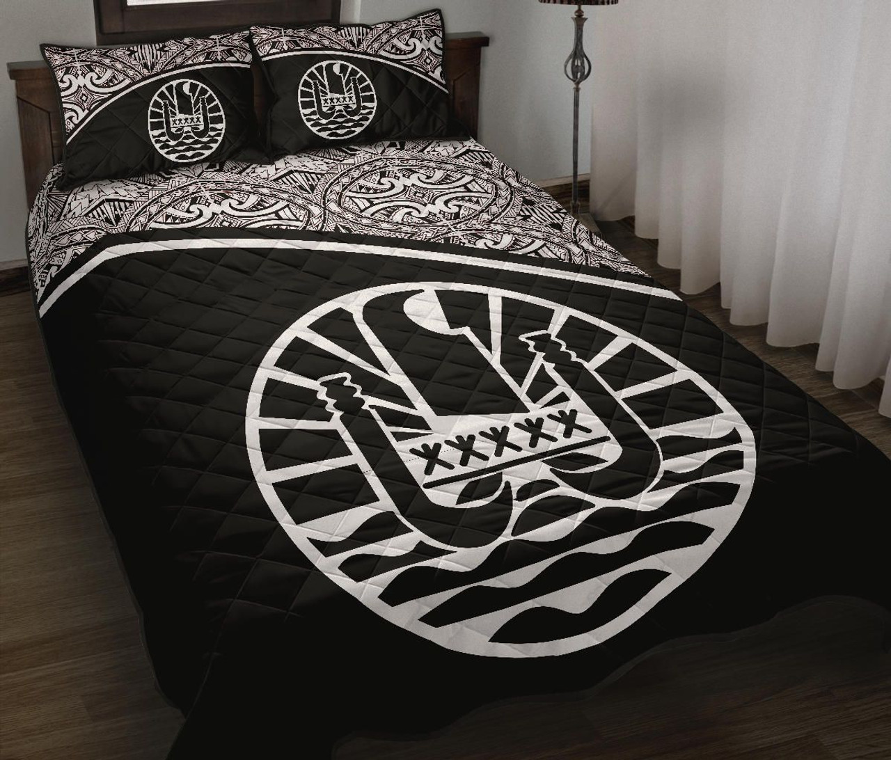 Tahiti Polynesian Quilt Bed Set - Tahiti Flag Black Curve Style 2