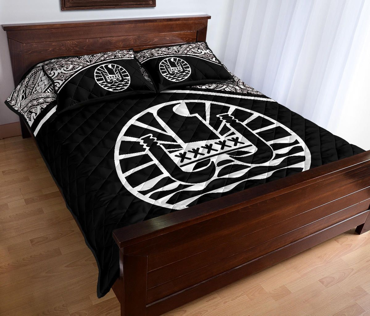 Tahiti Polynesian Quilt Bed Set - Tahiti Flag Black Curve Style 4