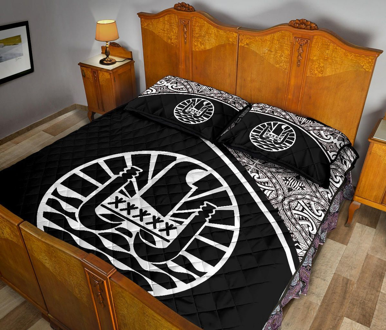 Tahiti Polynesian Quilt Bed Set - Tahiti Flag Black Curve Style 5