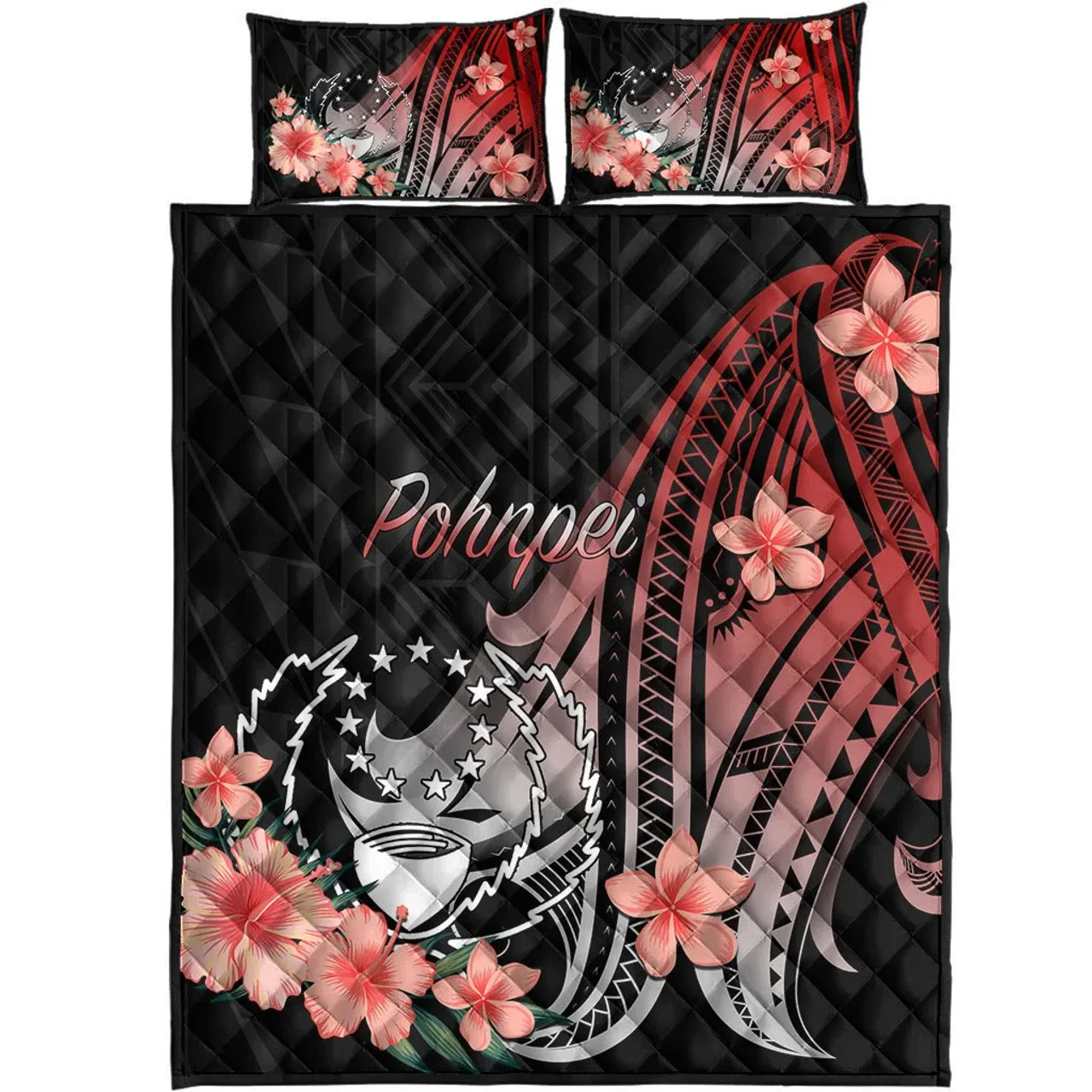Pohnpei Quilt Bed Set - Red Polynesian Hibiscus Pattern Style 2