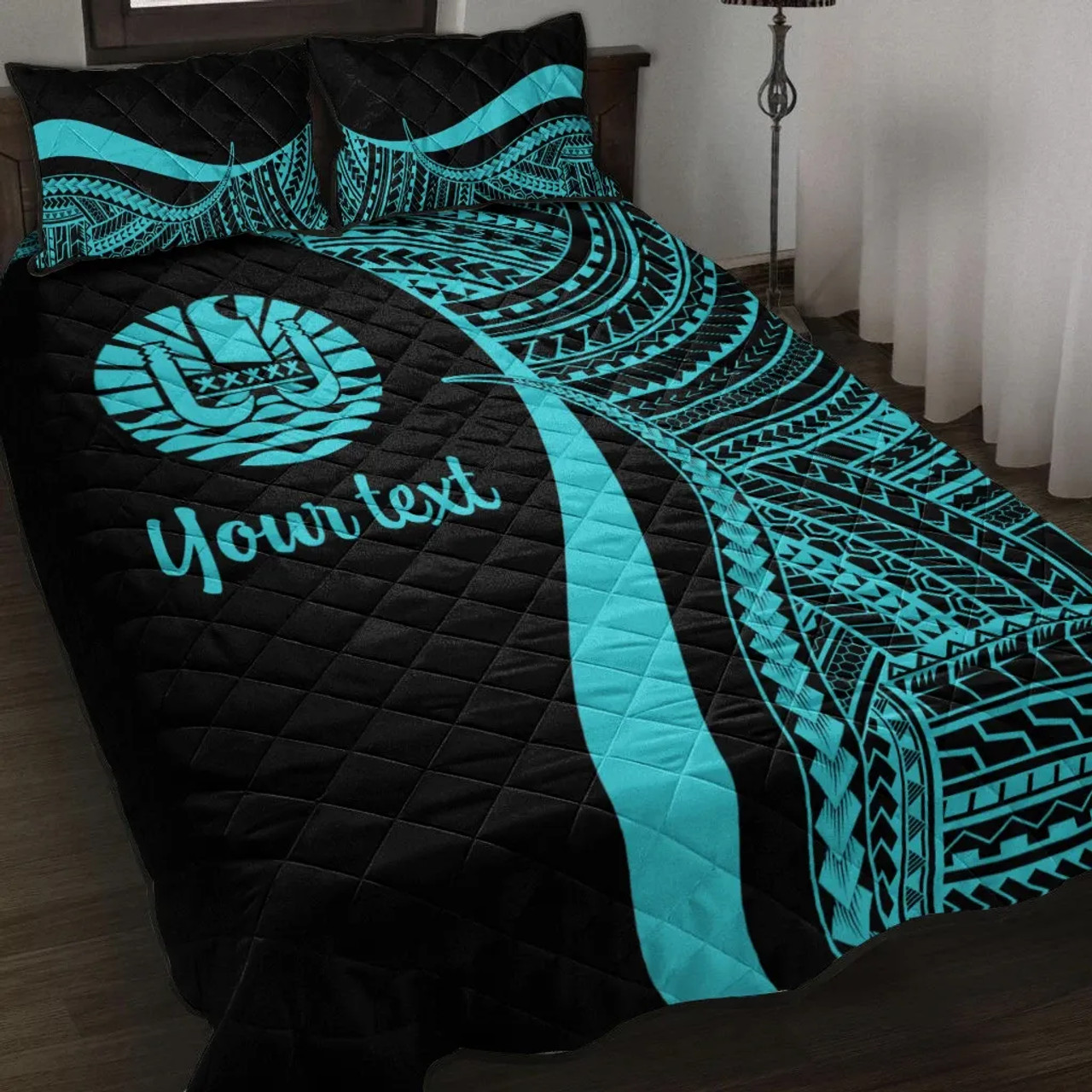 Tahiti Custom Personalised Quilt Bet Set - Turquoise Polynesian Tentacle Tribal Pattern 1