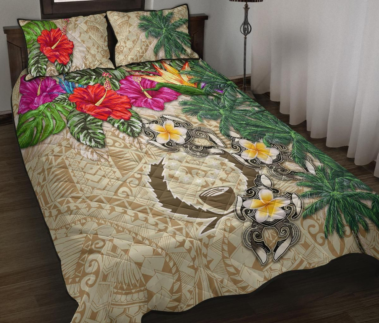 Pohnpei Polynesian Quilt Bed Set - Hibiscus Turtle Tattoo Beige 1