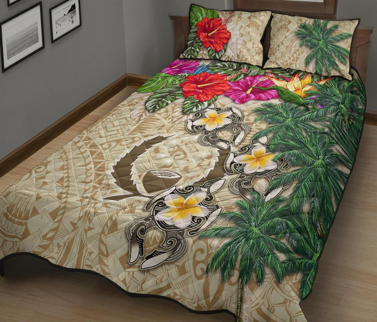 Pohnpei Polynesian Quilt Bed Set - Hibiscus Turtle Tattoo Beige 2