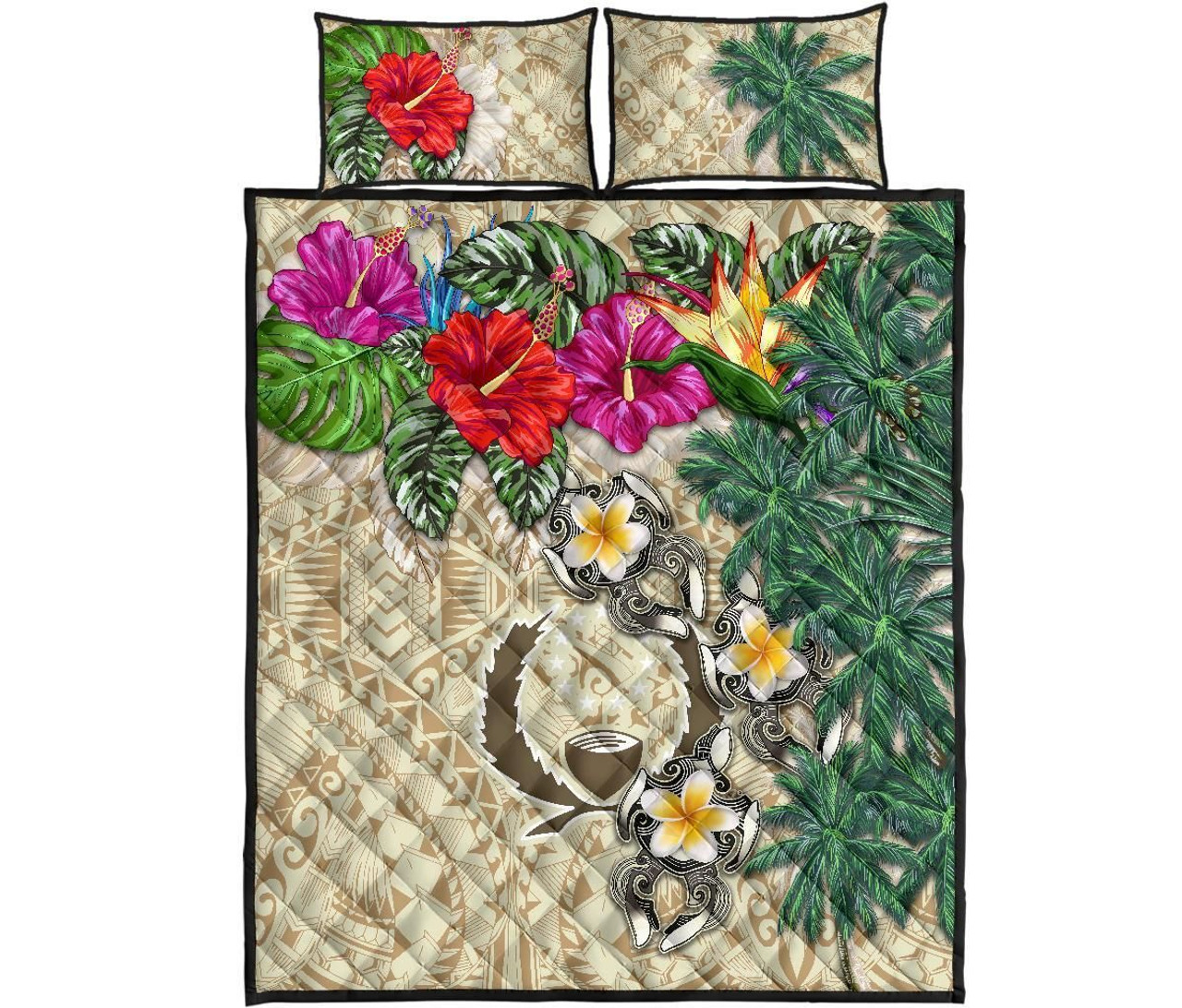 Pohnpei Polynesian Quilt Bed Set - Hibiscus Turtle Tattoo Beige 5