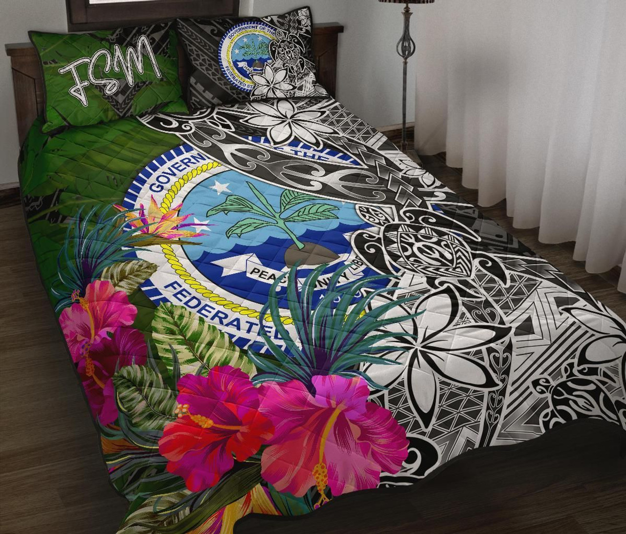 Federated States of Micronesia Quilt Bed Set - Turtle Plumeria Banana Leaf 1
