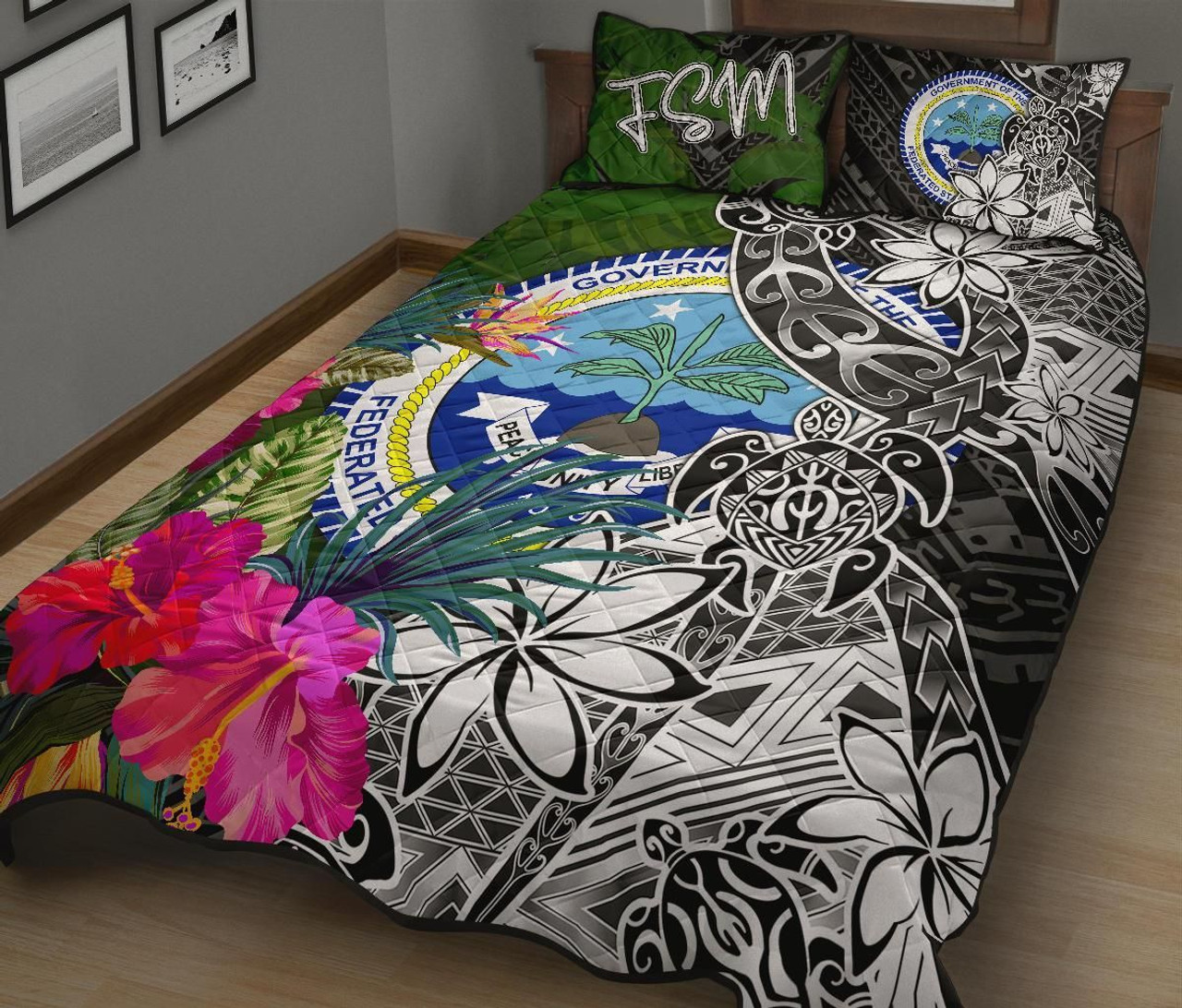 Federated States of Micronesia Quilt Bed Set - Turtle Plumeria Banana Leaf 2