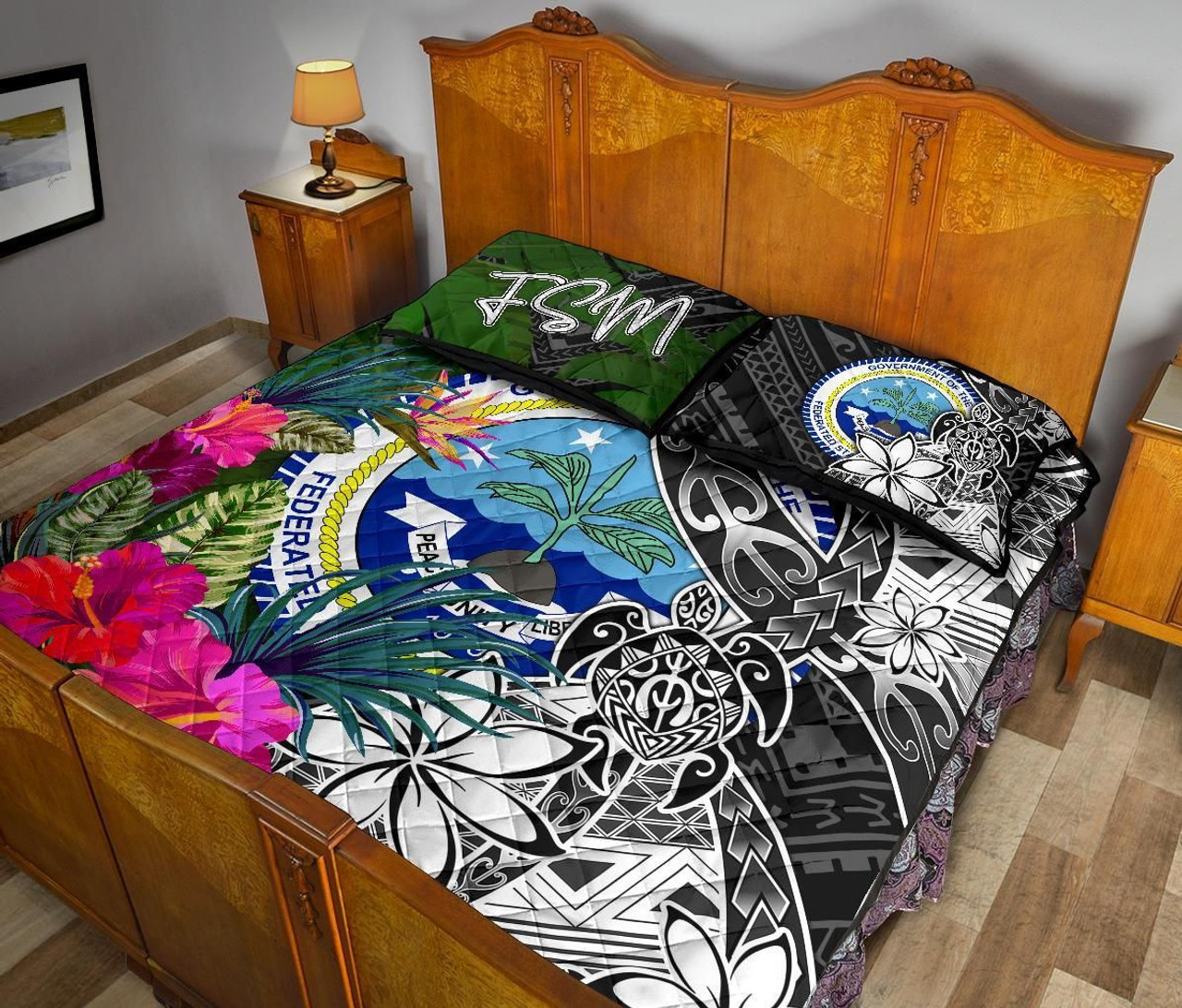 Federated States of Micronesia Quilt Bed Set - Turtle Plumeria Banana Leaf 4