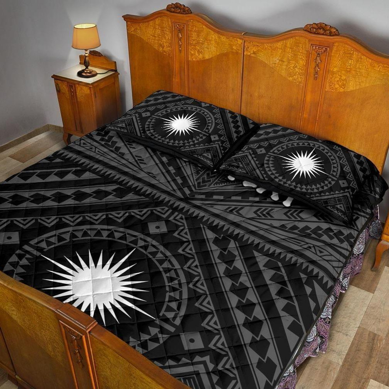 Marshall Personalised Quilt Bed Set - Marshall Seal With Polynesian Tattoo Style ( Black) 4