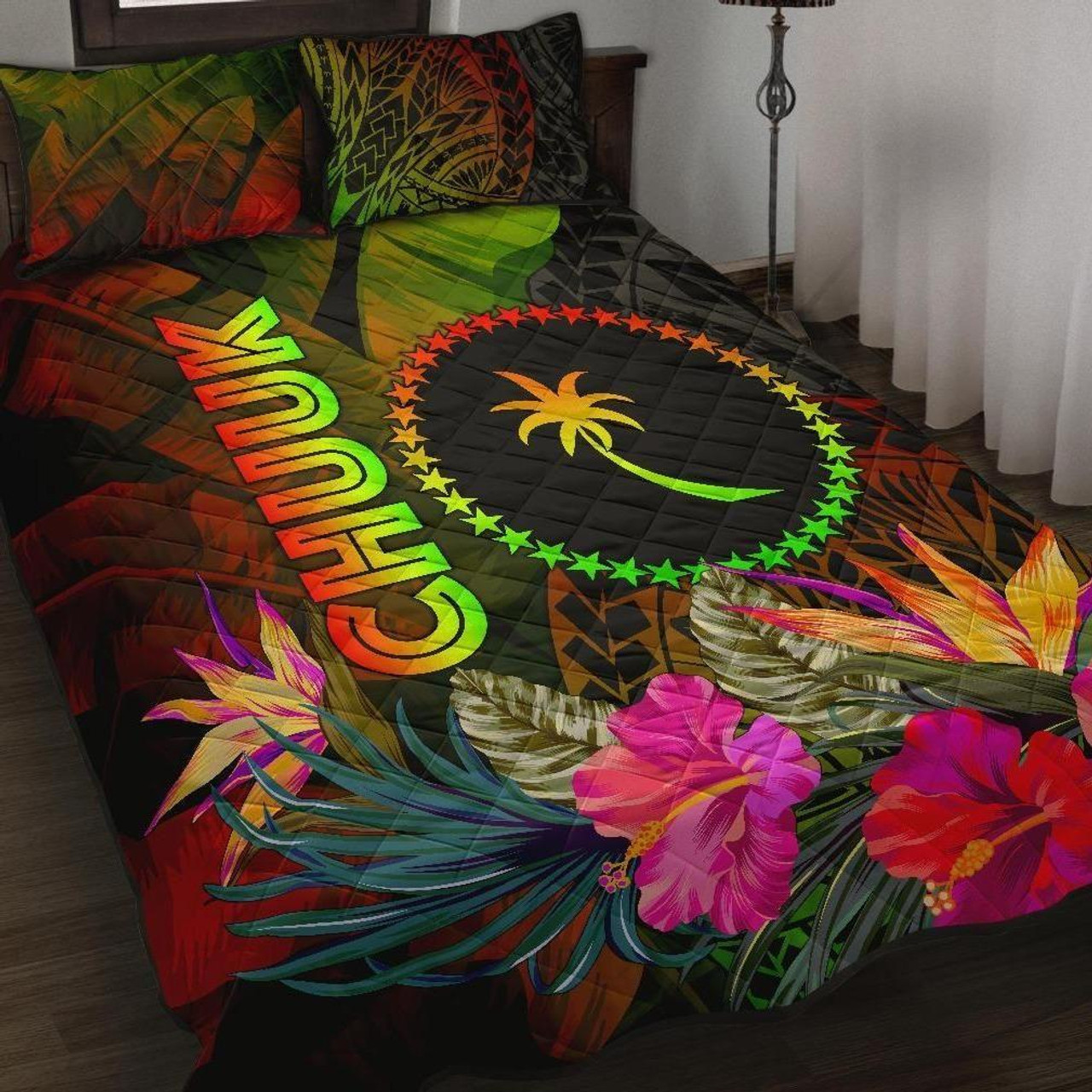 Chuuk Polynesian Quilt Bed Set - Hibiscus and Banana Leaves 1