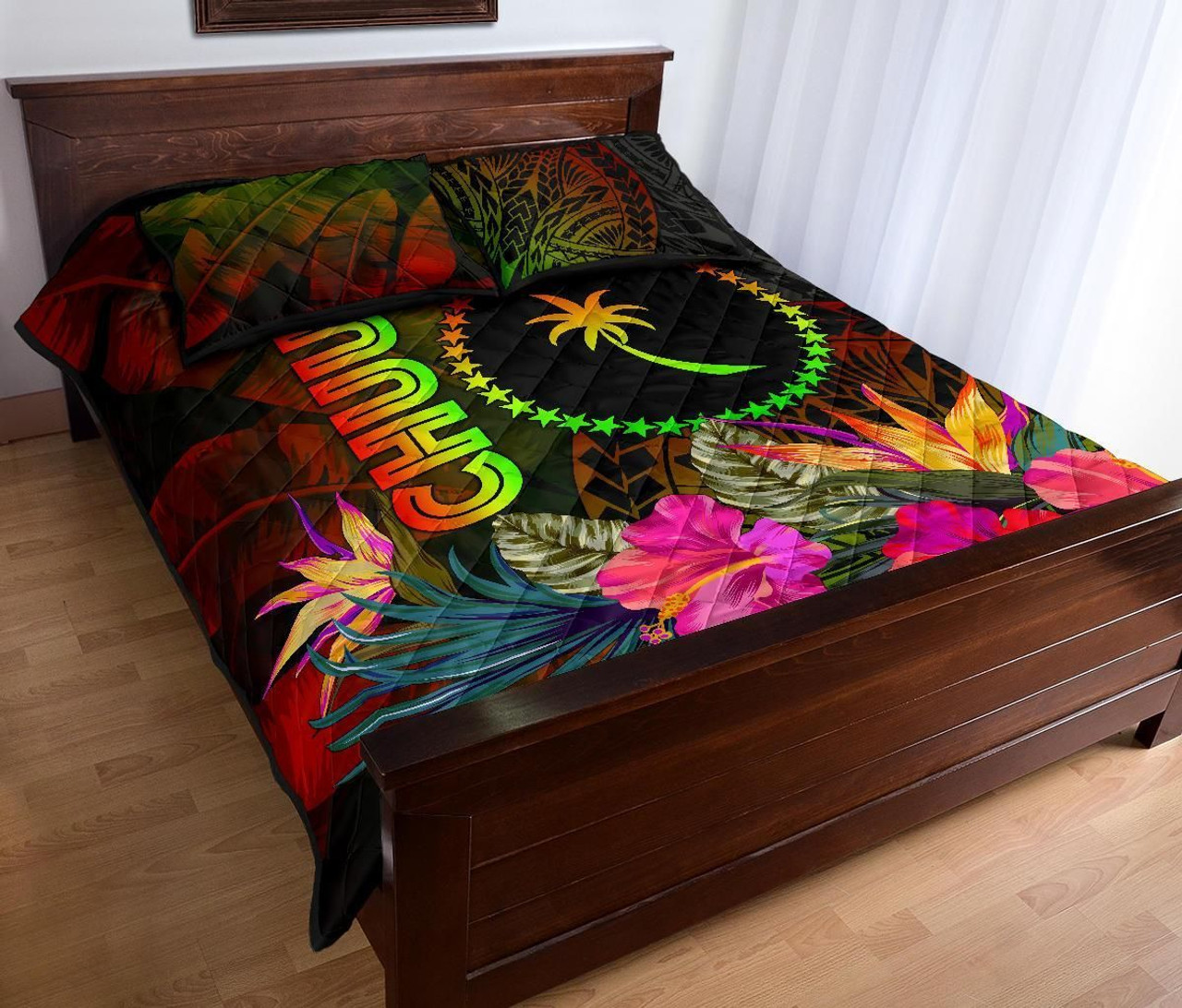 Chuuk Polynesian Quilt Bed Set - Hibiscus and Banana Leaves 3