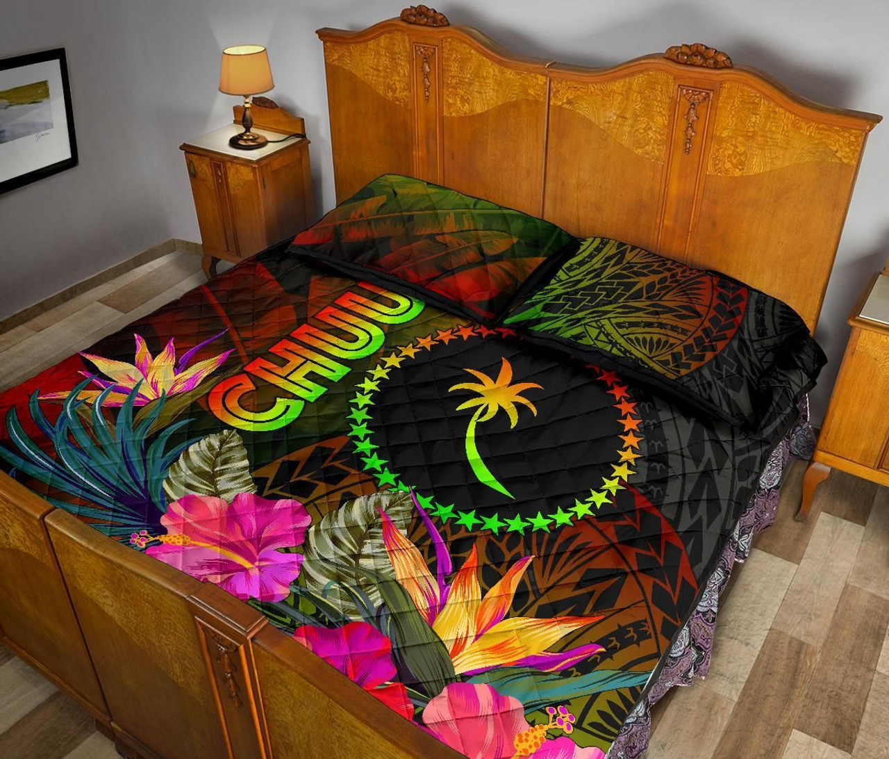 Chuuk Polynesian Quilt Bed Set - Hibiscus and Banana Leaves 4