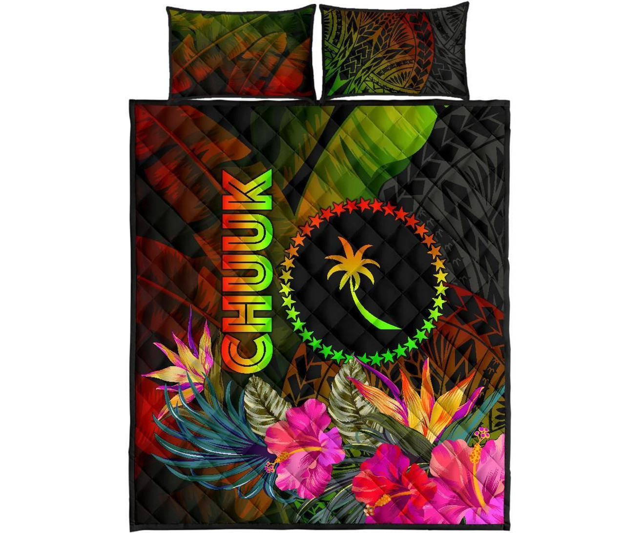 Chuuk Polynesian Quilt Bed Set - Hibiscus and Banana Leaves 5