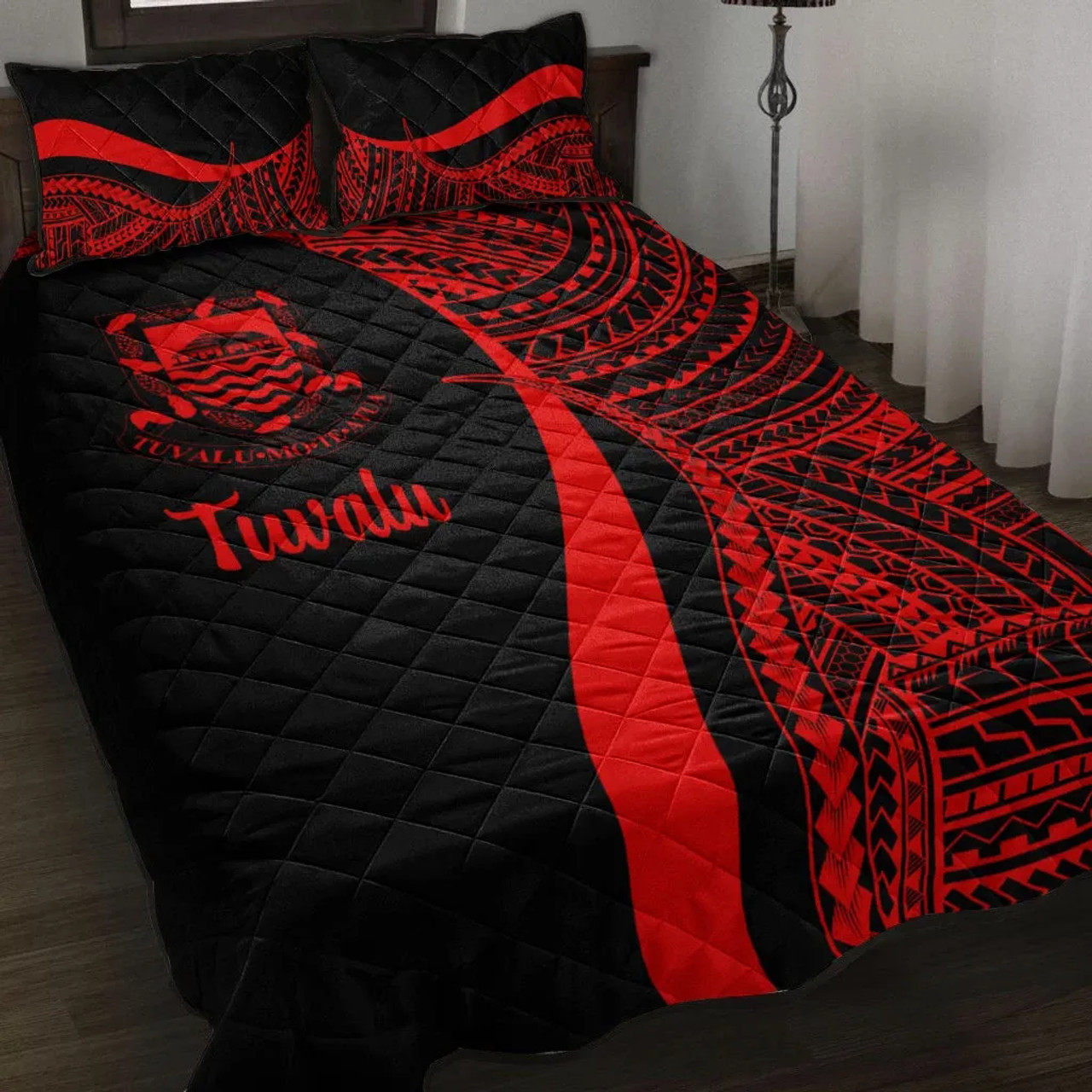 Tuvalu Quilt Bet Set - Red Polynesian Tentacle Tribal Pattern 1