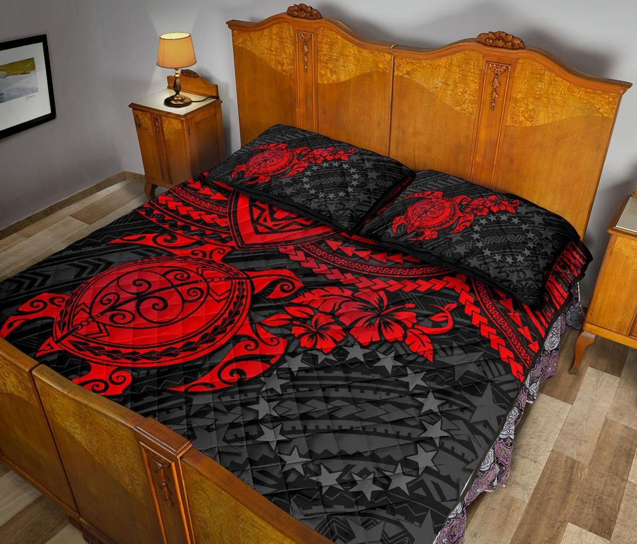 Cook Islands Polynesian Quilt Bed Set - Cook Islands Flag & Red Turtle Hibiscus 3