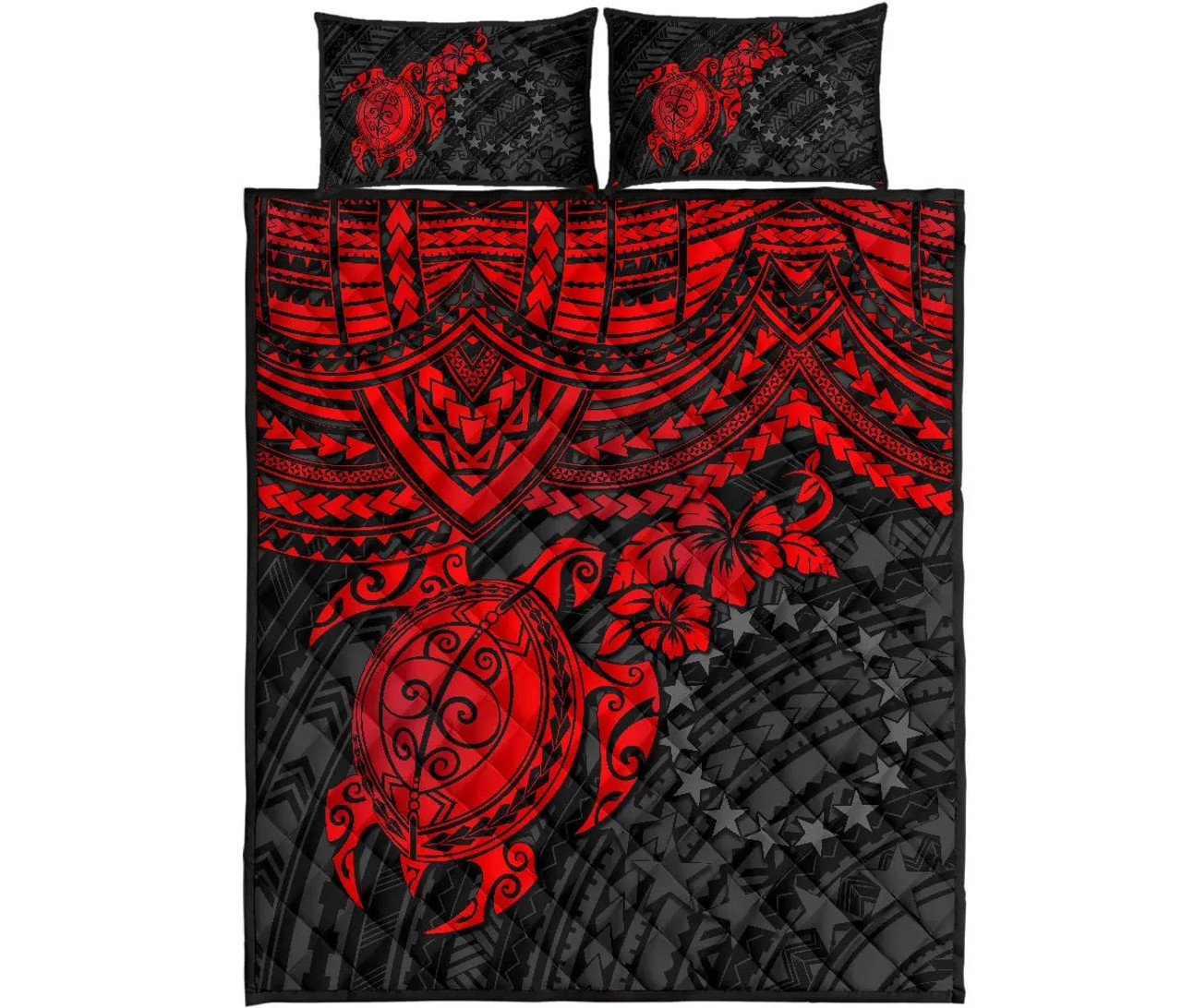 Cook Islands Polynesian Quilt Bed Set - Cook Islands Flag & Red Turtle Hibiscus 4
