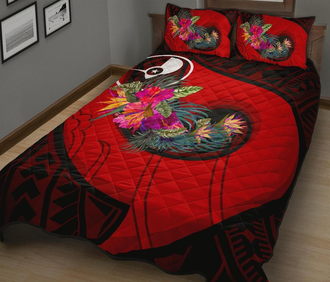 Yap Quilt Bed Set - Polynesian Hook And Hibiscus (Red) 2