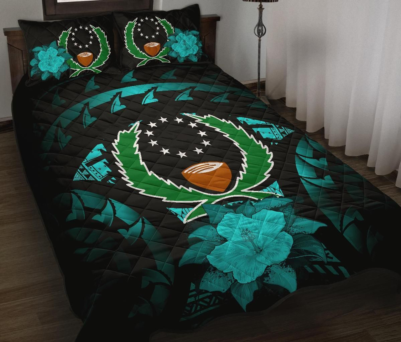 Pohnpei Polynesian Quilt Bed Set Hibiscus Turquoise 1
