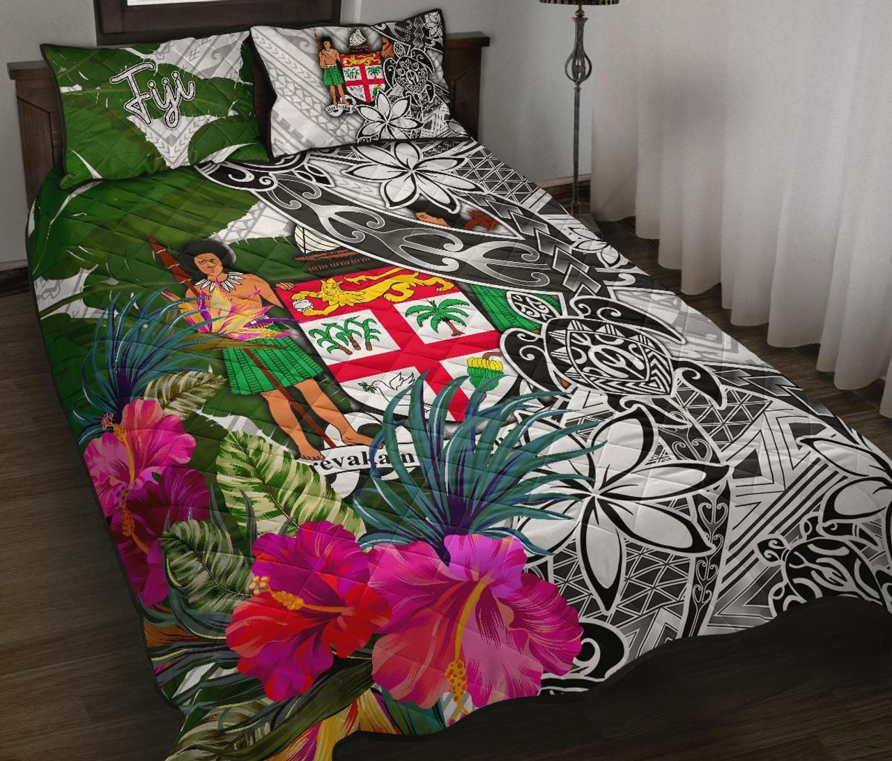 Fiji Quilt Bed Set White - Turtle Plumeria Banana Leaf Crest 1