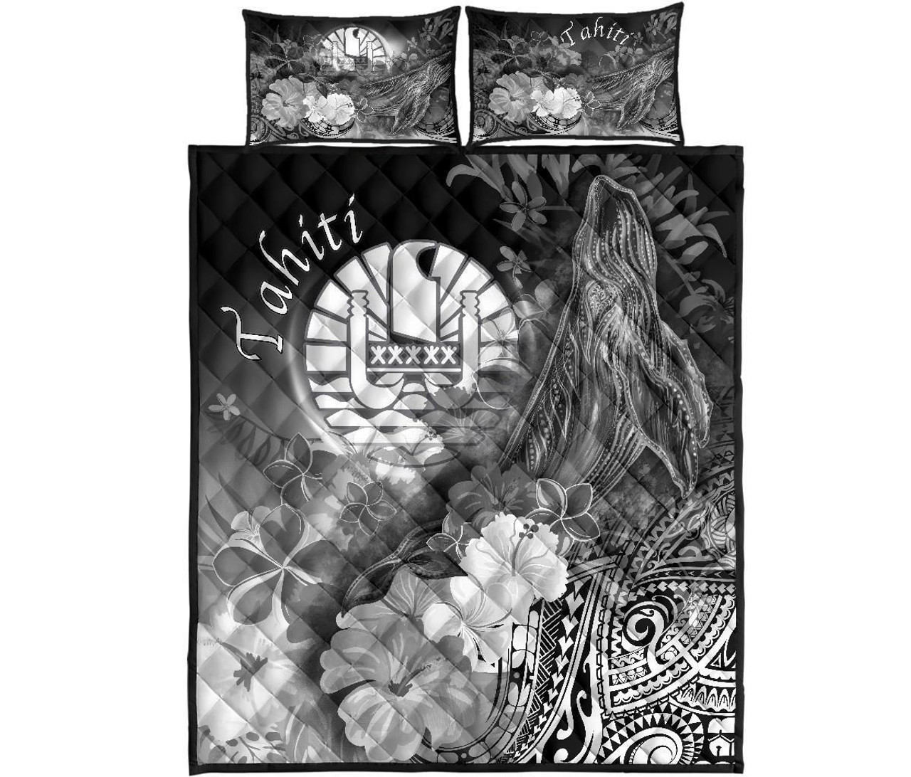 Tahiti Quilt Bed Set - Humpback Whale with Tropical Flowers (White) 5