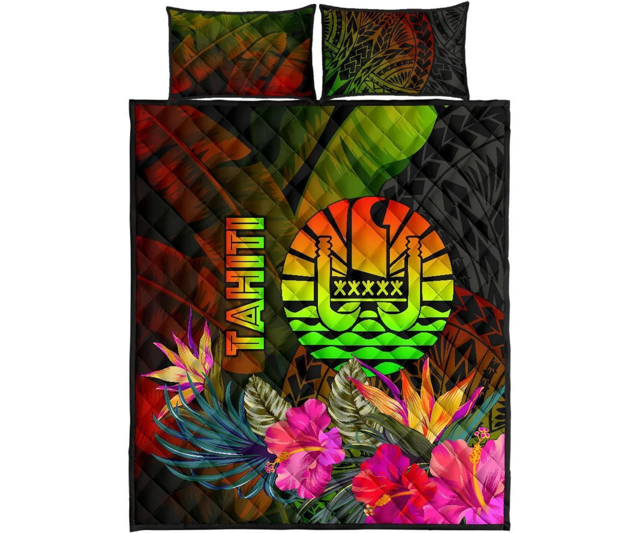 Tahiti Polynesian Quilt Bed Set - Hibiscus and Banana Leaves 5