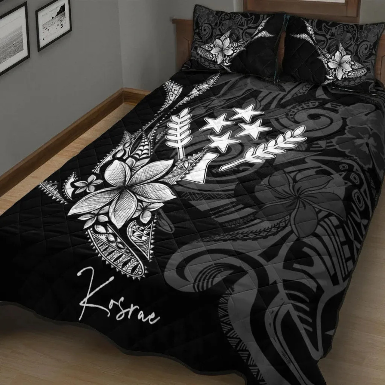 Kosrae State Quilt Bed Set - Fish With Plumeria Flowers Style 1