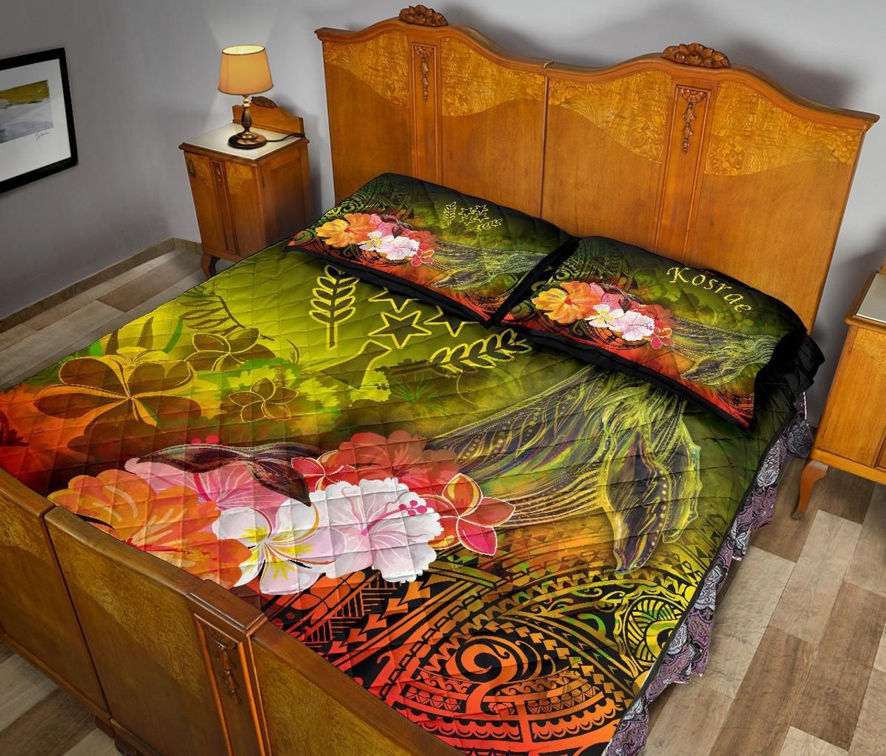 Kosrae Quilt Bed Set - Humpback Whale with Tropical Flowers (Yellow) 4