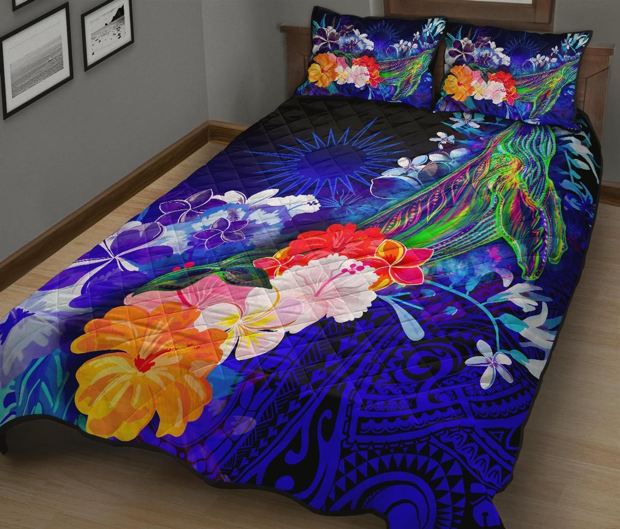Marshall Islands Quilt Bed Set - Humpback Whale with Tropical Flowers (Blue) 2