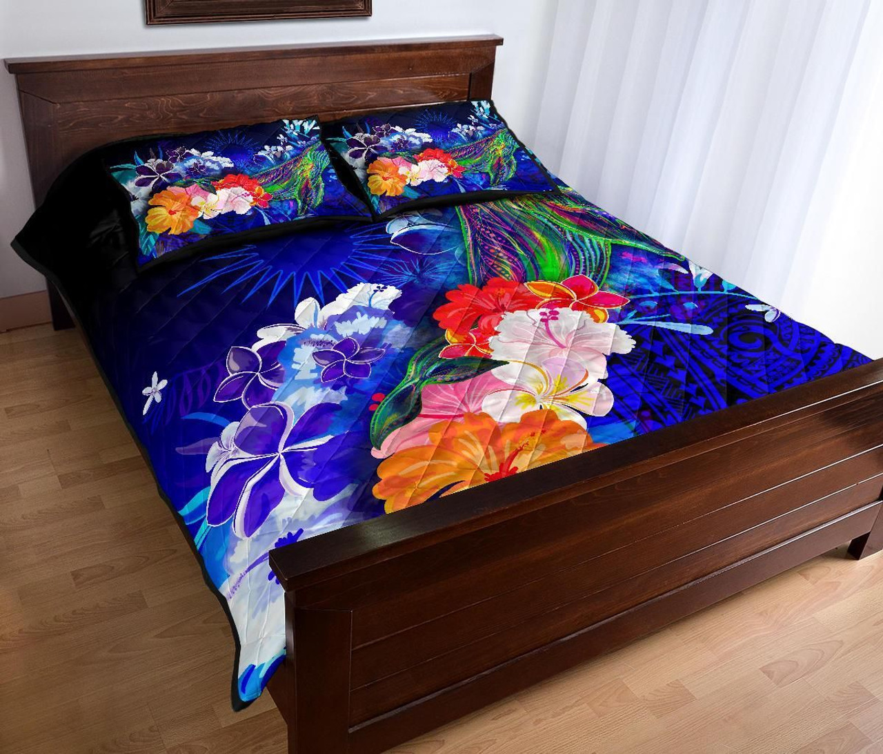 Marshall Islands Quilt Bed Set - Humpback Whale with Tropical Flowers (Blue) 3