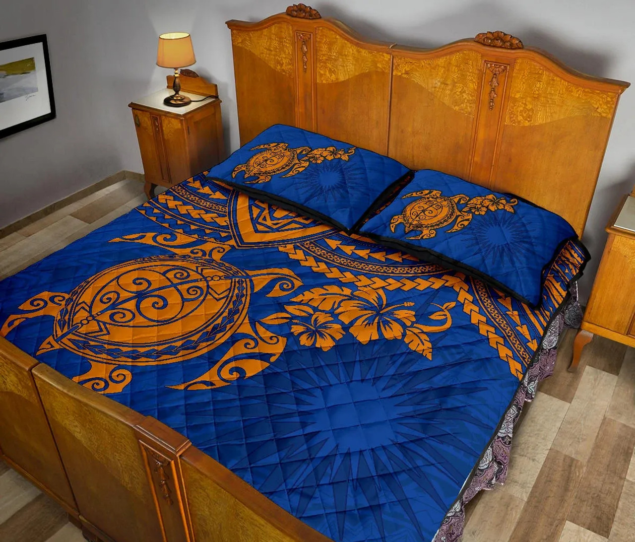 Marshall Islands Polynesian Quilt Bed Set - Marshall Islands Flag & Blue Turtle Hibiscus 3