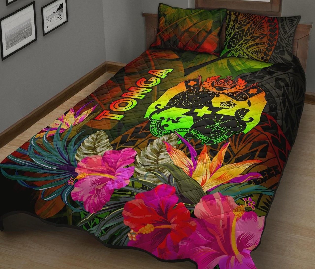 Tonga Polynesian Quilt Bed Set - Hibiscus and Banana Leaves 2