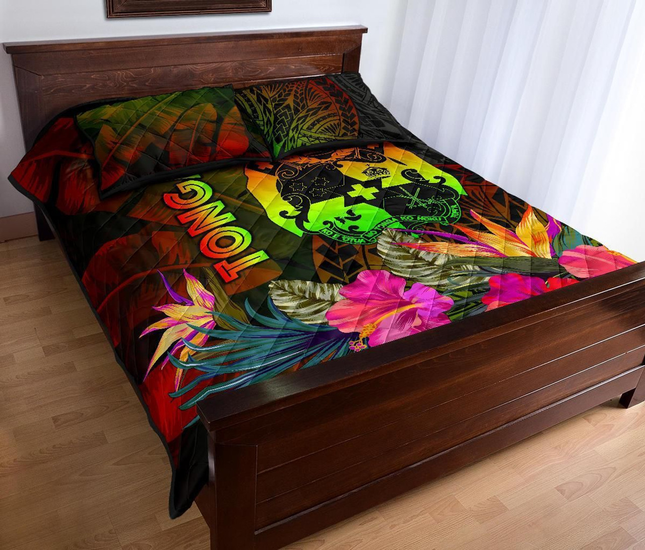 Tonga Polynesian Quilt Bed Set - Hibiscus and Banana Leaves 3