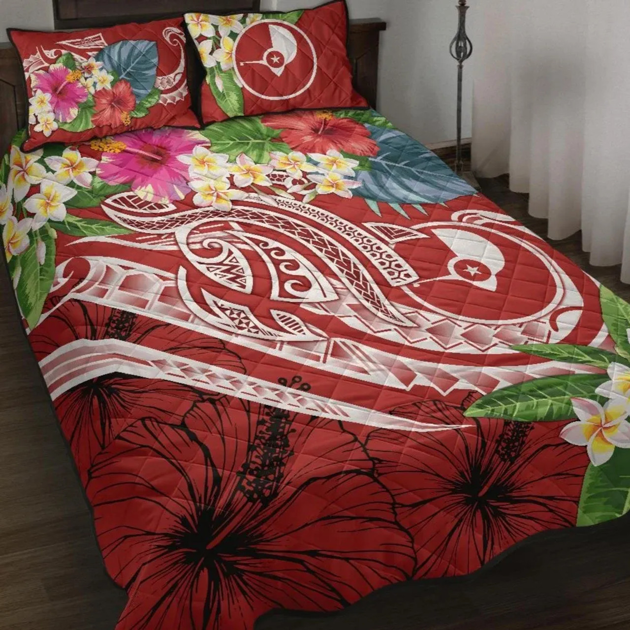 Yap Polynesian Quilt Bed Set - Summer Plumeria (Red) 1