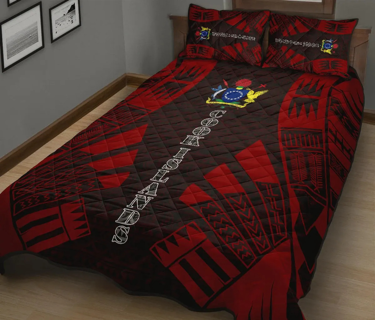 Cook Islands Quilt Bed Set - Cook Islands Coat Of Arms & Polynesian Red Tattoo Style2 3