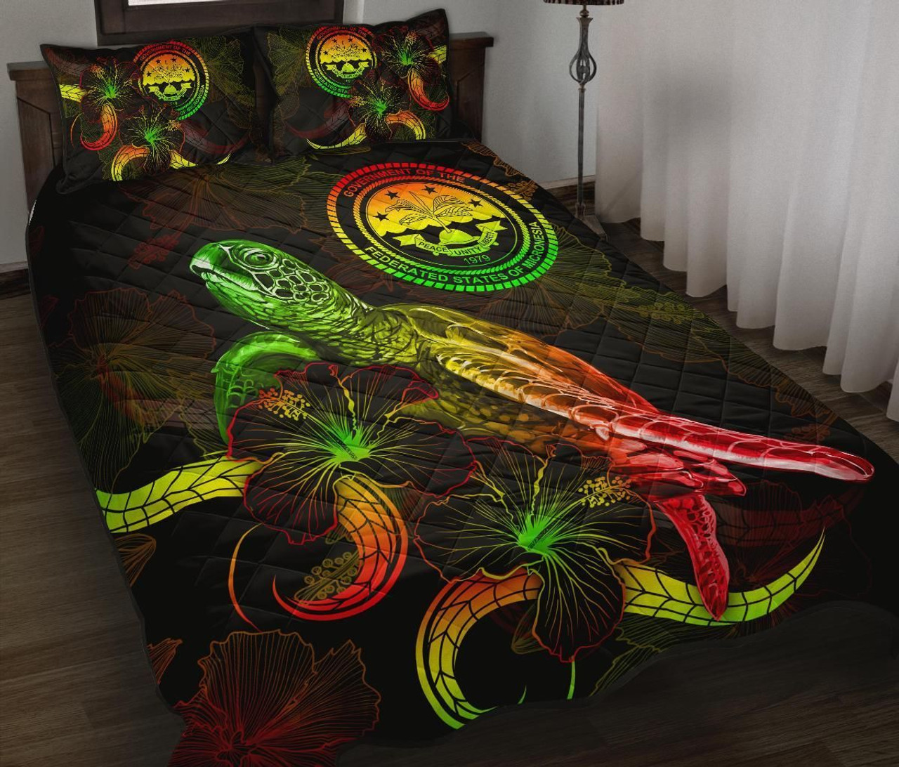 Federated States of Micronesia Polynesian Quilt Bed Set - Turtle With Blooming Hibiscus Reggae 1