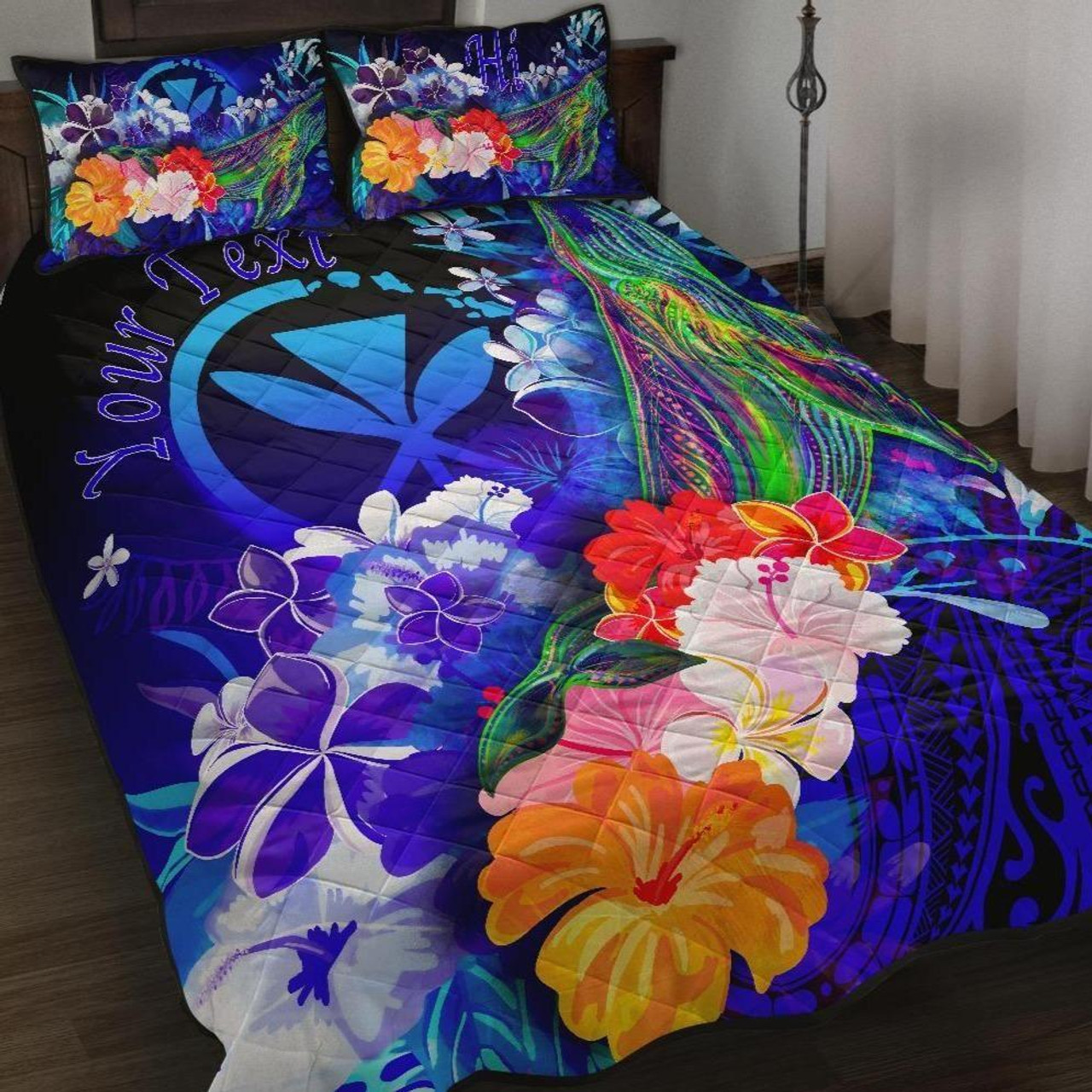 Polynesian Hawaii Custom Personalised Premium Quilt Bed Set - Kanaka Maoli Humpback Whale with Tropical Flowers (Blue) 1