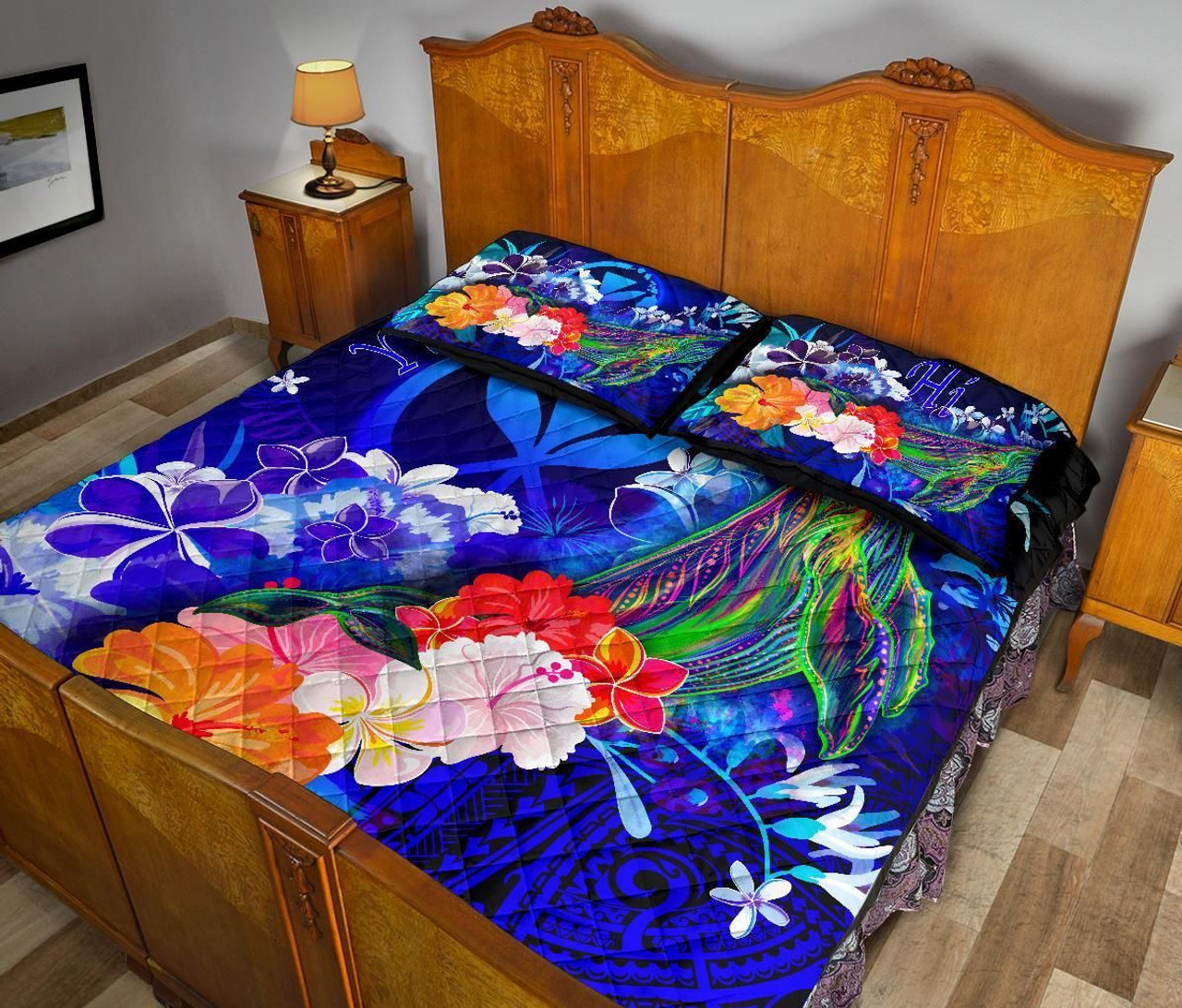 Polynesian Hawaii Custom Personalised Premium Quilt Bed Set - Kanaka Maoli Humpback Whale with Tropical Flowers (Blue) 4