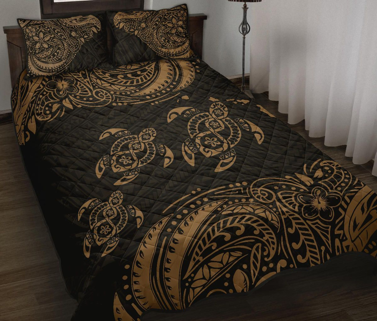 Hawaii Polynesian Quilt Bed Set - Gold Sea Turtle 1