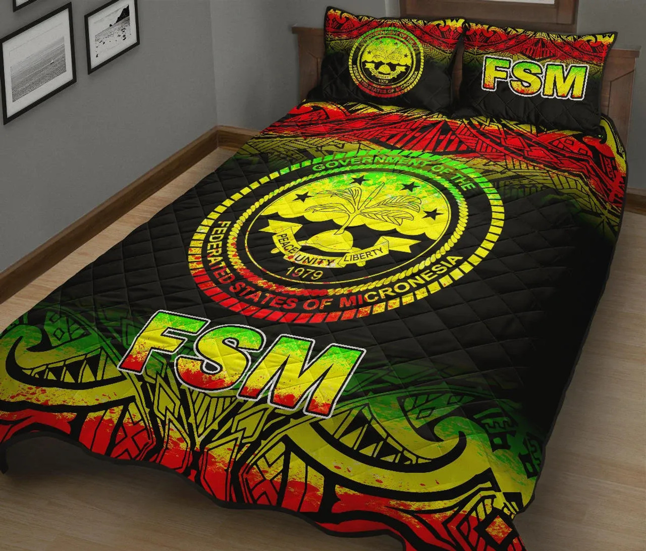 Federated States of Micronesia Quilt Bed Set - Federated States of Micronesia Seal Fog Style Reggae Version 3