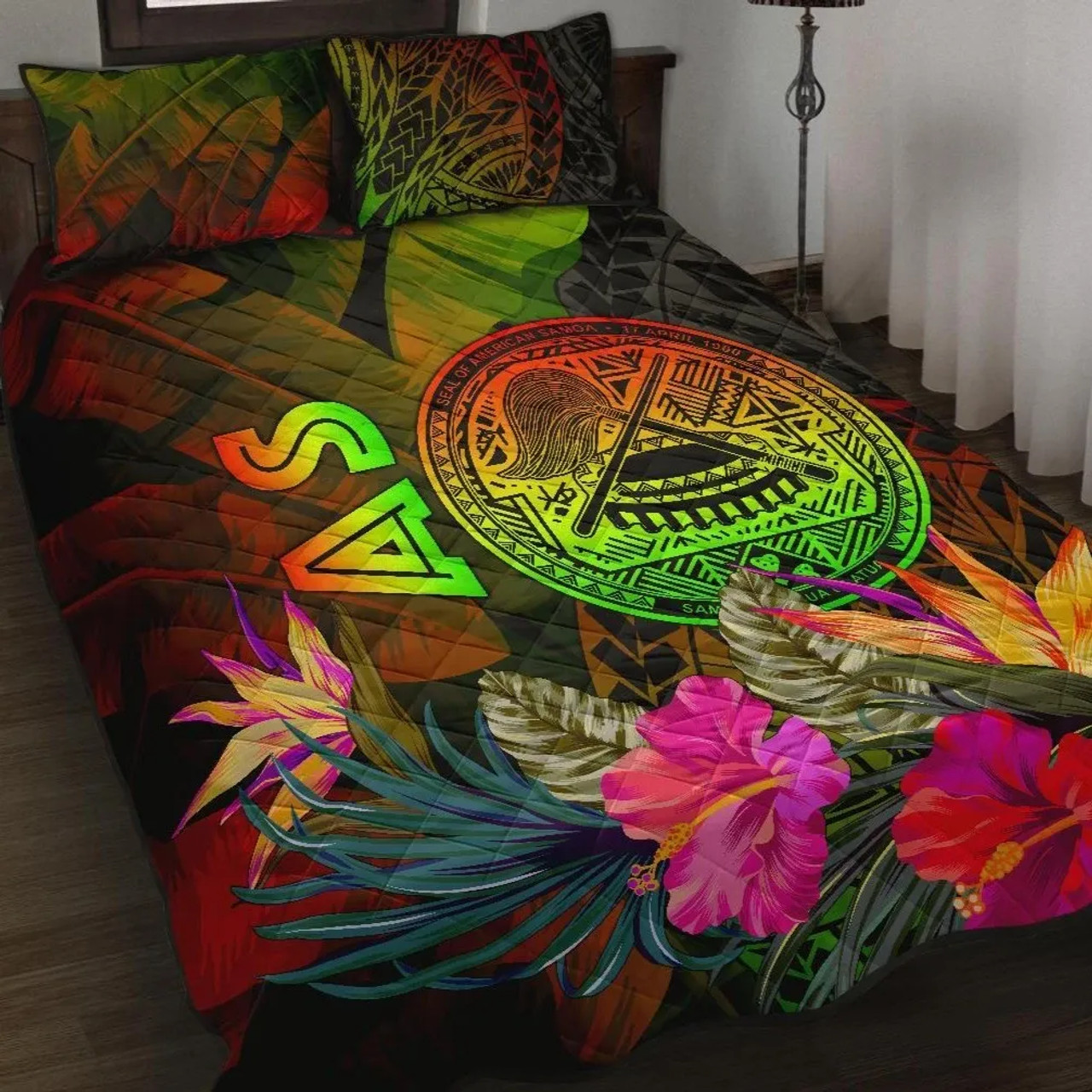 American Samoa Polynesian Quilt Bed Set - Hibiscus and Banana Leaves 1