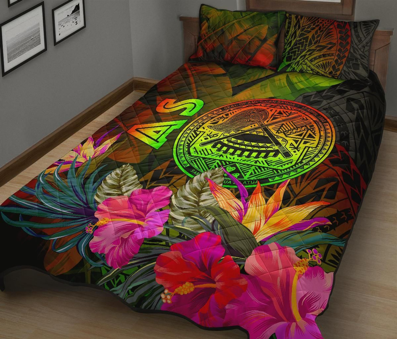 American Samoa Polynesian Quilt Bed Set - Hibiscus and Banana Leaves 2