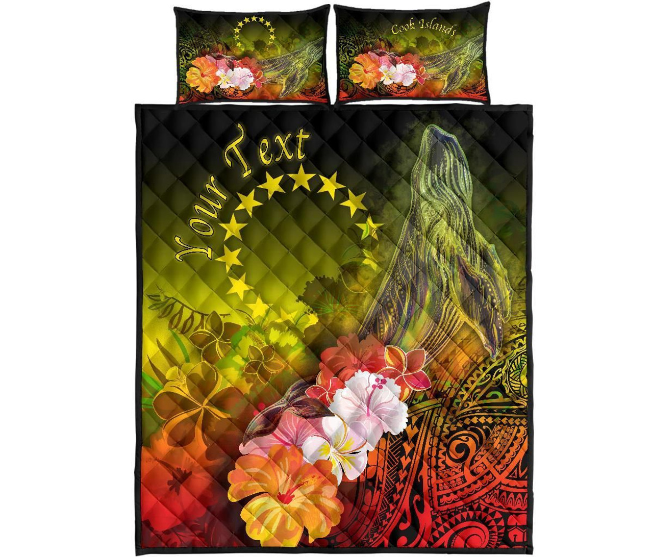 Cook Islands Custom Personalised Quilt Bed Sets - Humpback Whale with Tropical Flowers (Yellow) 5