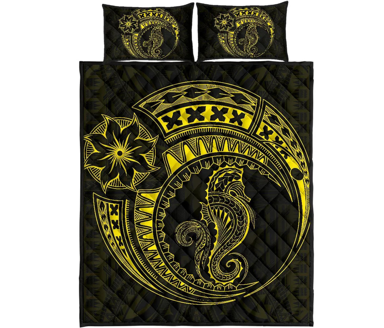 Polynesian Quilt Bed Set - Polynesian Yellow Seahorse Tattoo 1