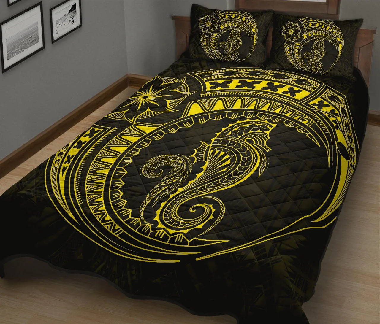 Polynesian Quilt Bed Set - Polynesian Yellow Seahorse Tattoo 3