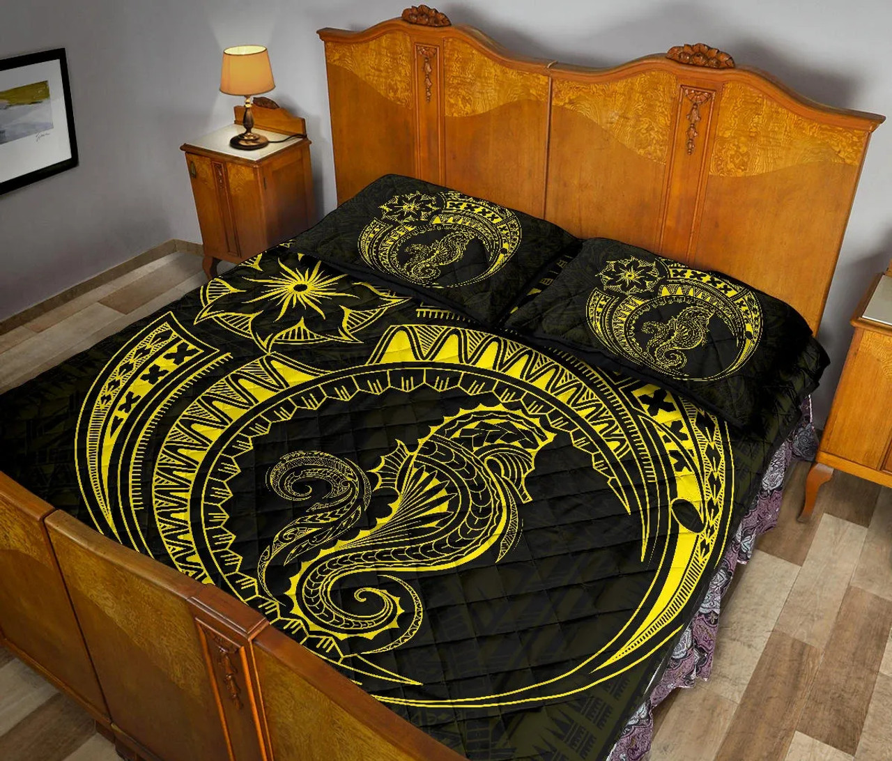 Polynesian Quilt Bed Set - Polynesian Yellow Seahorse Tattoo 5