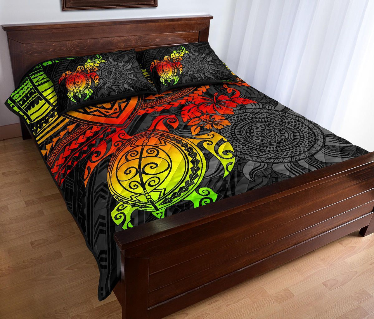 Polynesian Quilt Bed Set - Polynesian Reggae Turtle Hibiscus