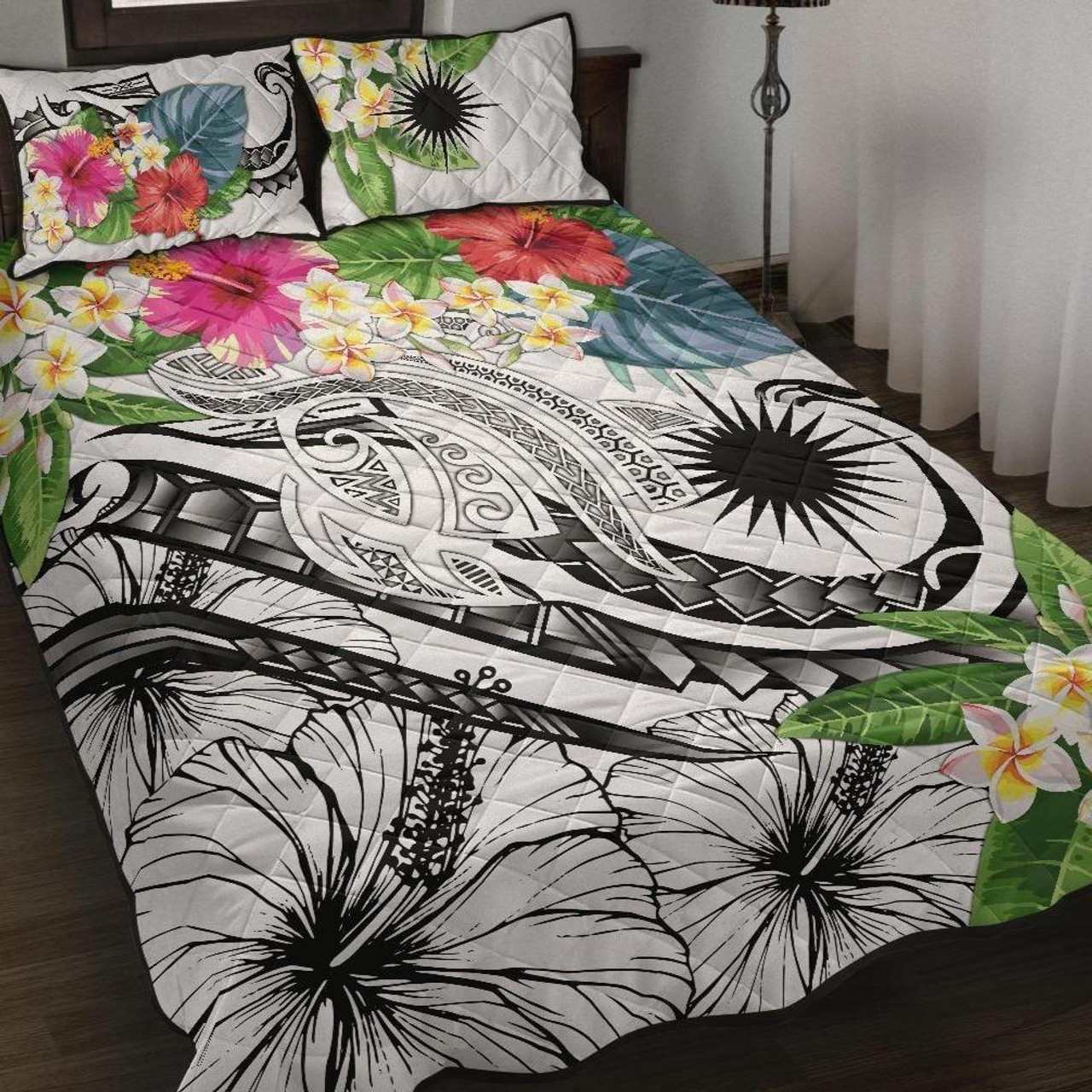 Marshall Islands Polynesian Quilt Bed Set - Summer Plumeria (White) 1