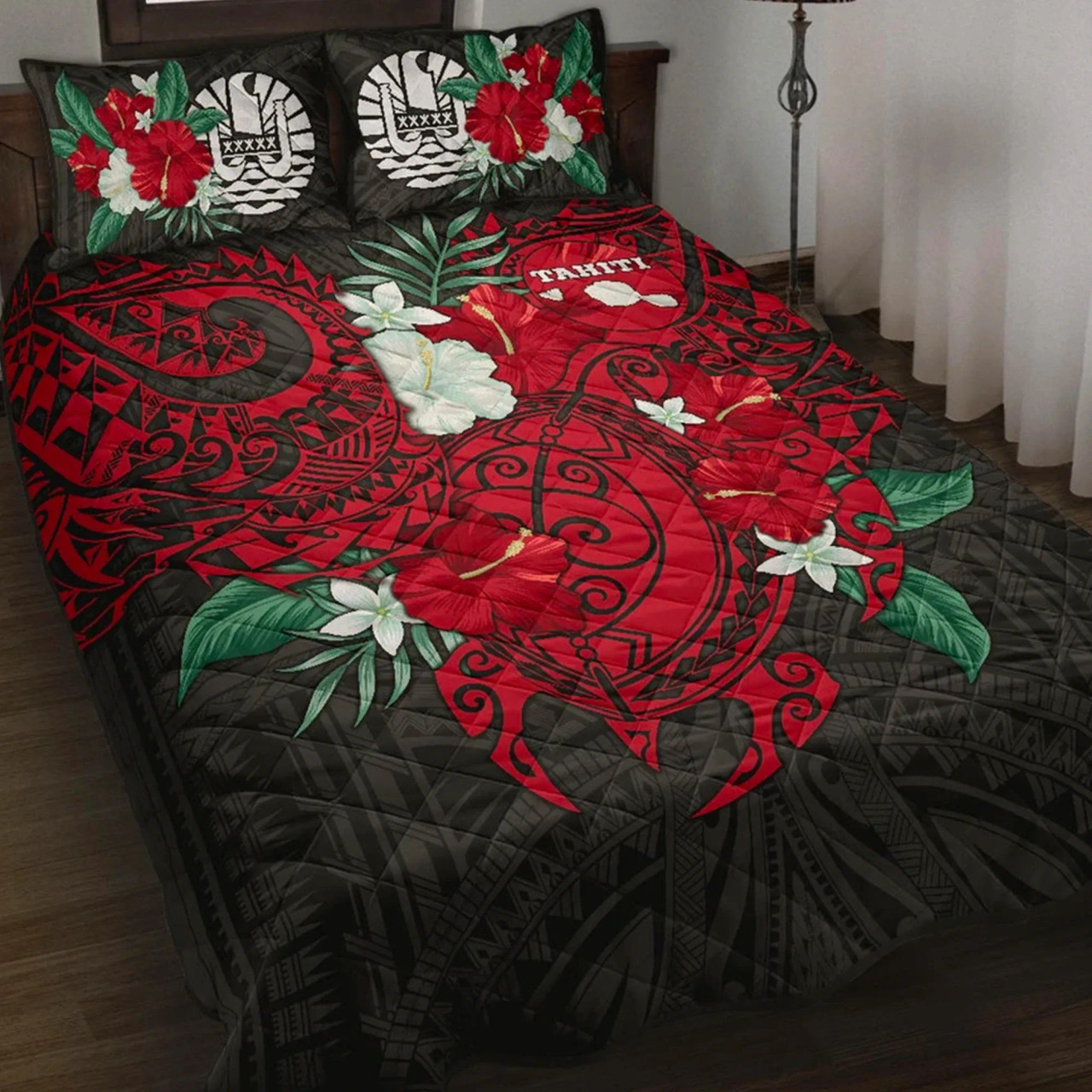 Tahiti Polynesian Quilt Bed Set - Hibiscus and Sea Turtle (Red) 1