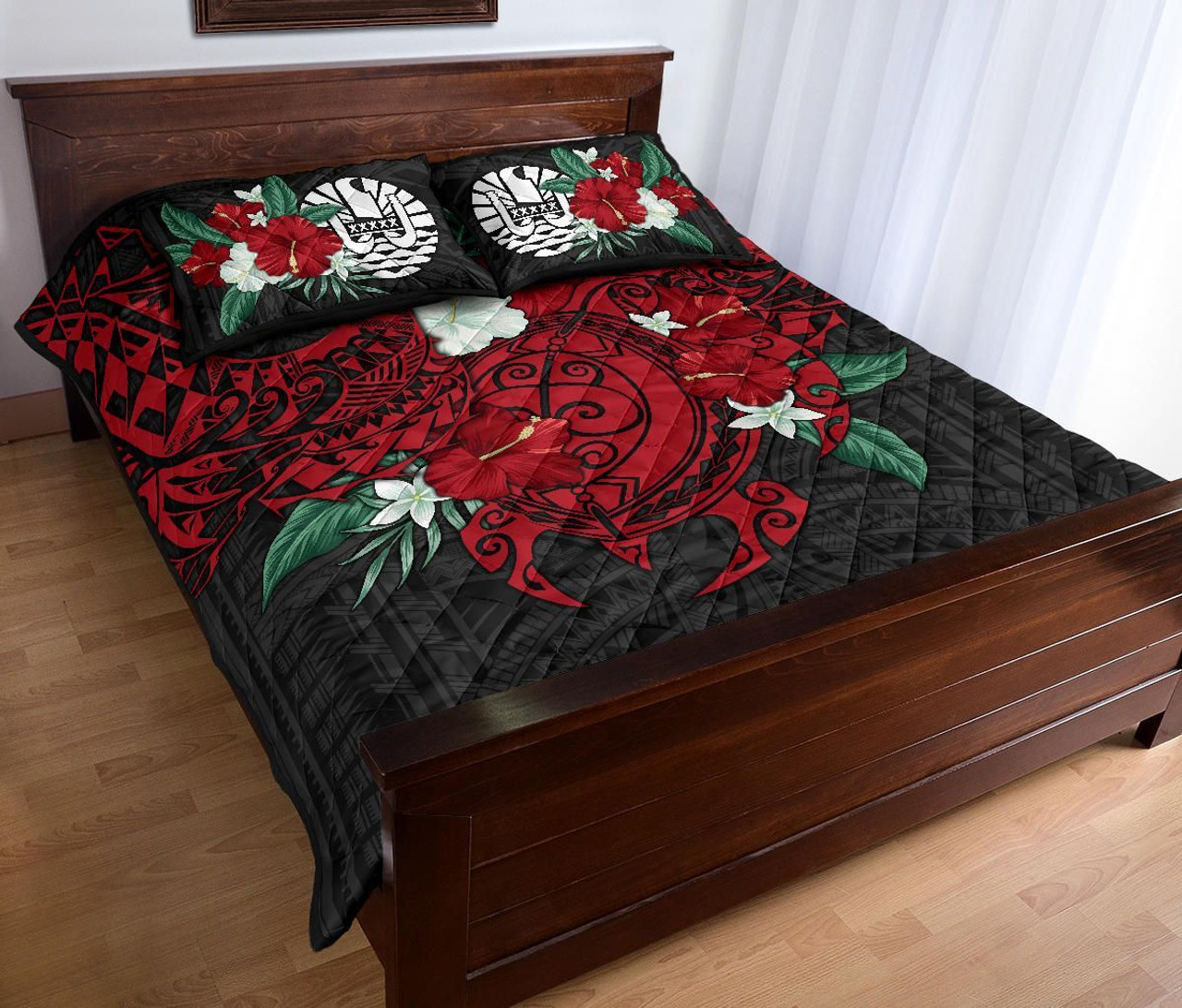 Tahiti Polynesian Quilt Bed Set - Hibiscus and Sea Turtle (Red) 3